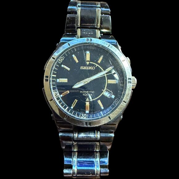 Seiko Kinetic 100M Men\'s Watch Black Dial Stainless Steel Bracelet 5M62-0B20